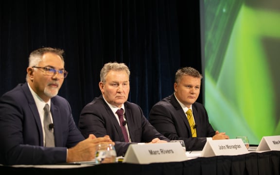 Fonterra's chief financial officer Marc Rivers (L), Chairman John Monaghan and interim chief executive Miles Hurrell.