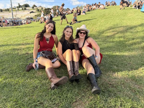 Emily Priday (left), Jessica Barker and Beau Harvey excited to see Chappell Roan.