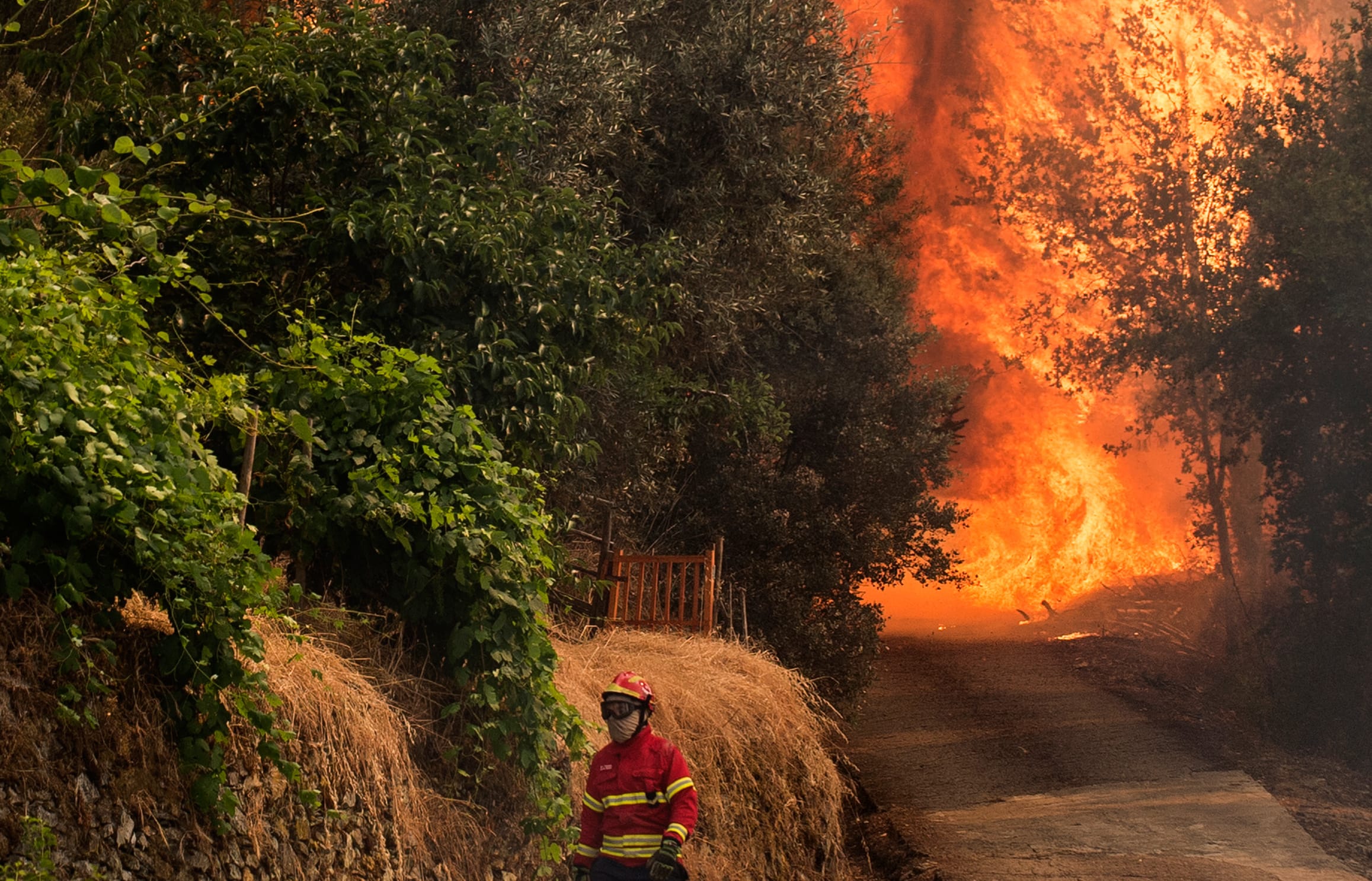 A firefighter walks close to a wildfire in Carvalho, near Pampilhosa da Serra, on June 19, 2017.