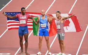 2020 Tokyo Olympics 100m men's sprint medallists (L-R) - Fred Kerley, Marcel  Lamont Jacobs, Andre De Grasse