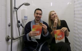 Actor/comedian Hayley Sproull with host James Nokise.