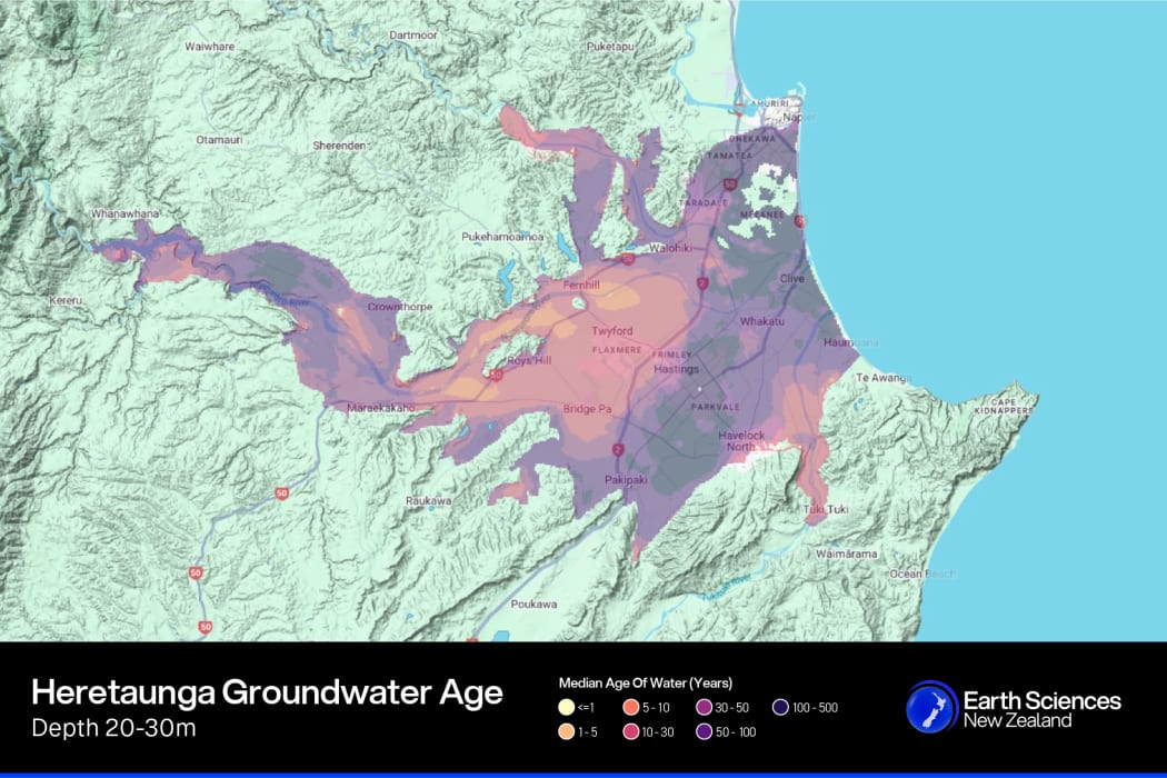 The median age of groundwater in the Heretaunga Plains Aquifer at a depth of 20-30 metres.