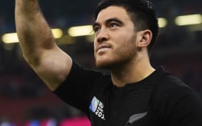 Nehe Milner-Skudder acknowledges the fans following the All Blacks win over France.