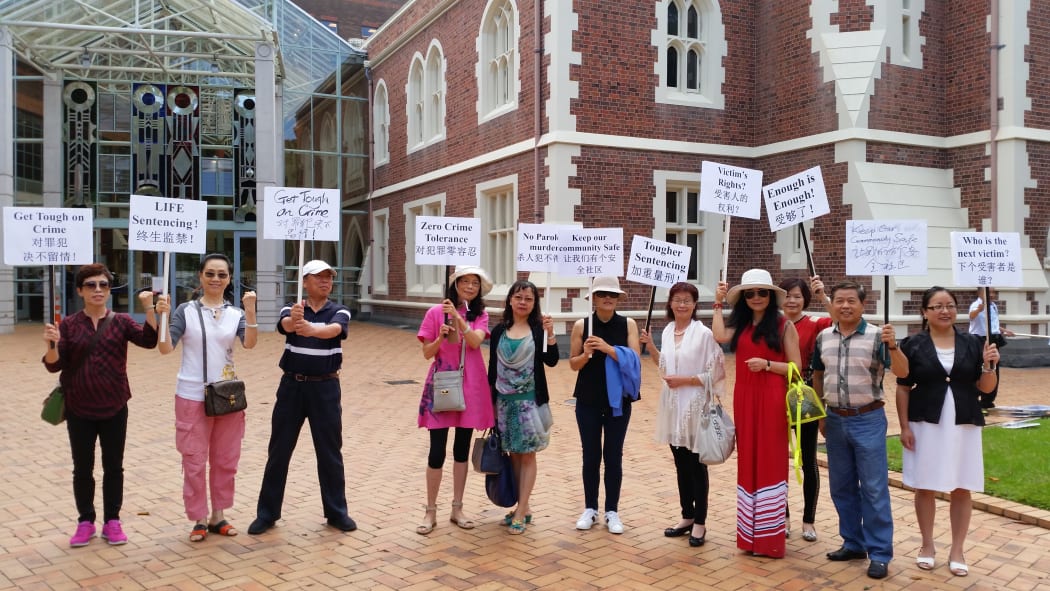 Protesters outside the High Court as Jaden Lee Stroobant appeared accused of murdering Cun Xiu Tian.