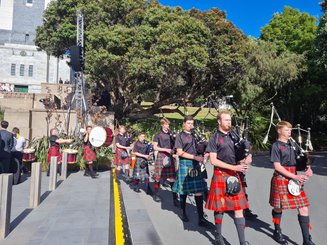 The National Youth Pipe Band of New Zealand at the 11am Anzac Day service in Wellington.