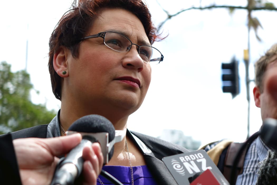 Metiria Turei speaking to media at the University of Auckland.