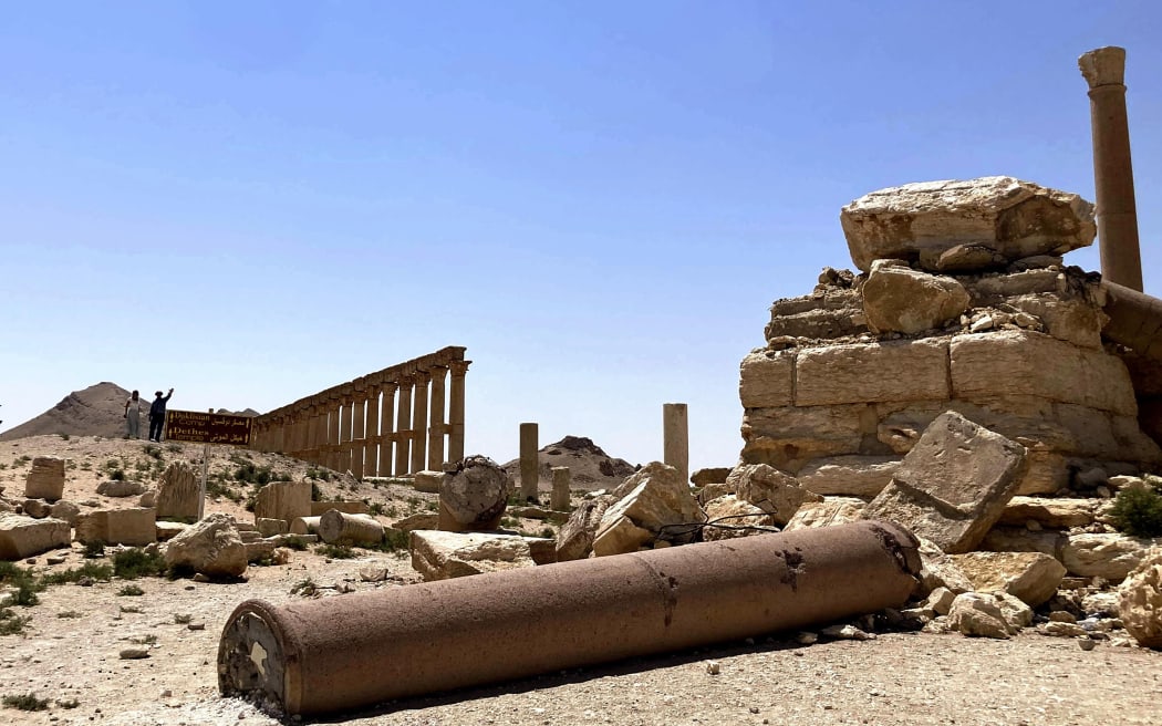 A fallen stone pillar left abandoned is seen at the ancient city of Palmyra in Syria, on July 18, 2005. The Palmyra ruins, a World Heritage were largely destroyed by the Islamic State (IS) in 2015. Restoration plans for the Palmyra ruins will begin this fall. ( The Yomiuri Shimbun ) (Photo by Shigeki Tao / The Yomiuri Shimbun via AFP)
