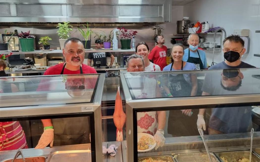 Kitchen volunteers at the Auckland City Mission this morning.