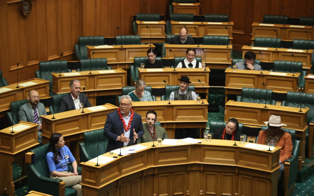 Green Party MP Teanau Tuiono addresses parliament during the third and final reading of his private members Citizenship (Western Samoa) (Restoration) Amendment Bill). 20 November 2024