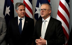 Australian Prime Minister Anthony Albanese (R) speaks with US Secretary of State Antony Blinken prior to a lunch in Brisbane on July 28, 2023.