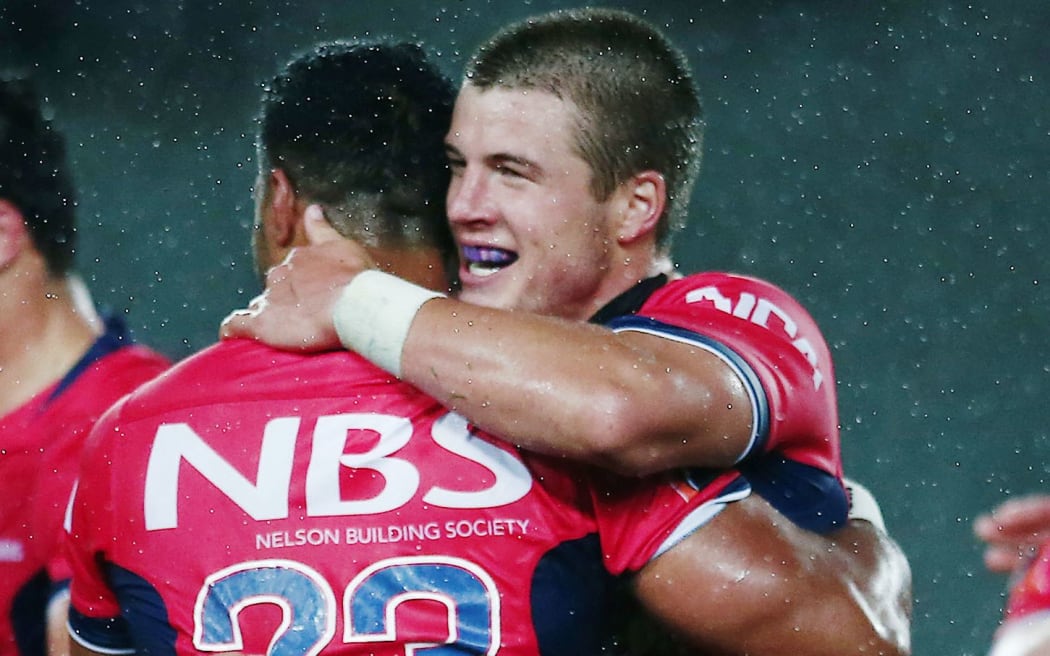 Trael Joass and Viliami Lolohea celebrate after Tasman's win over Auckland. Mitre 10 Cup.