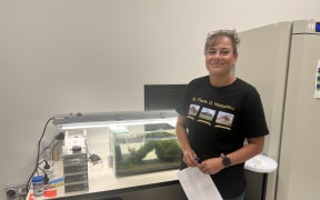 Kiamaia inside her lab space at the coastal marine field station, Tauranga.