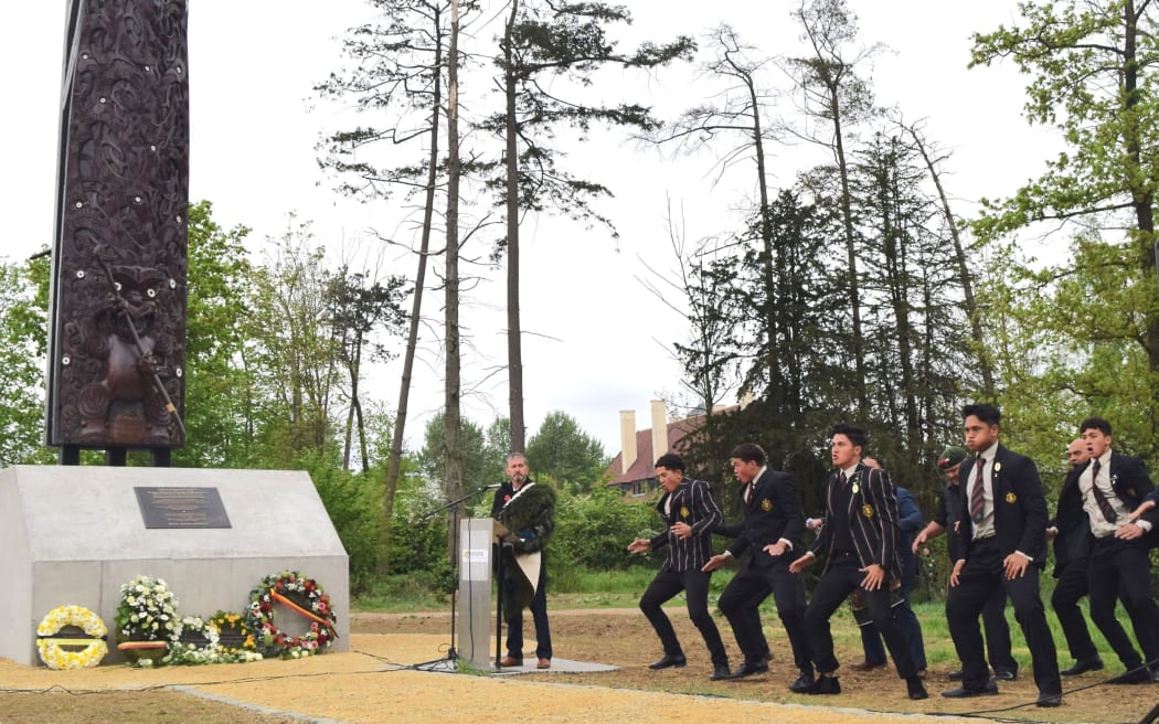 Students from Rotorua Boys High School performed a spirited haka at the unveiling of the pou maumahara in Zonnebeke on Anzac Day.