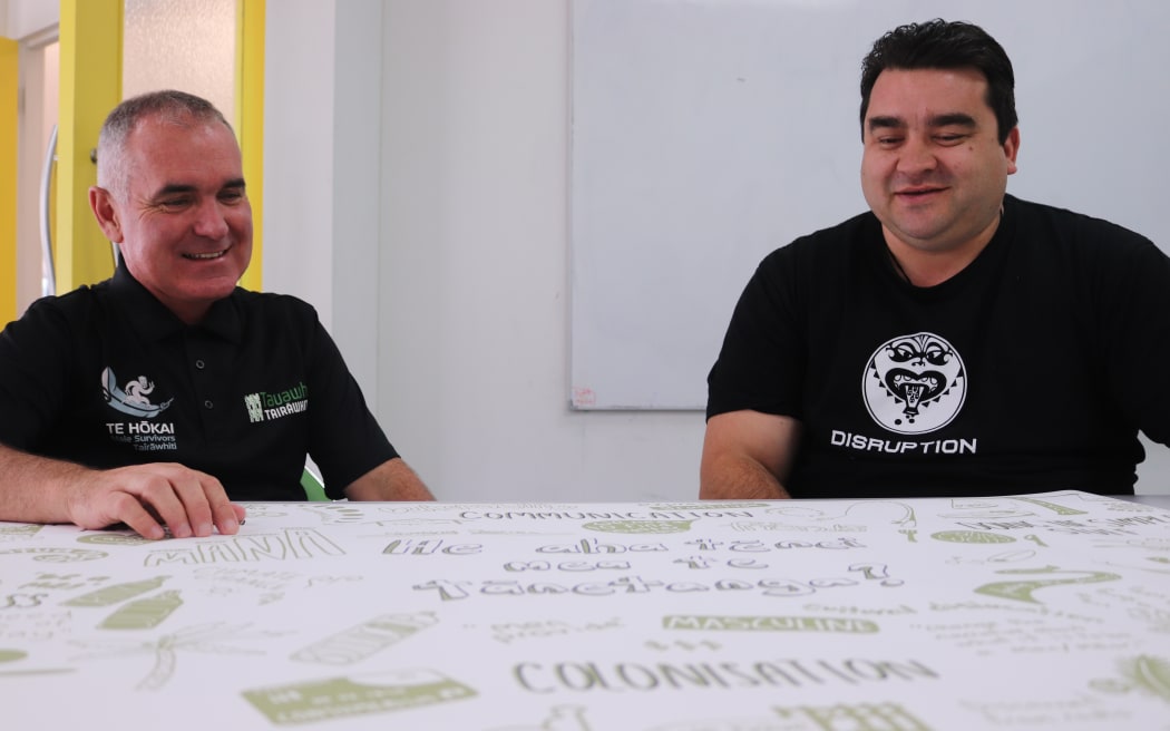 Tim Marshall (left) and Cain Kerehoma look over a mind map of ideas on how Tairāwhiti tāne can communicate better.