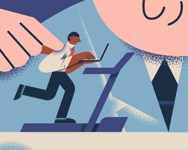 An office worker on laptop put on a treadmill by a larger figure.