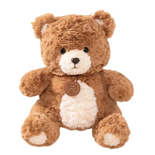 ChattyBear is a simple-looking brown and white push teddy bear.