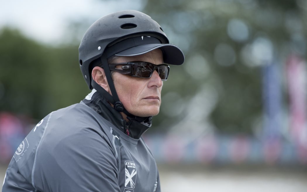 The now former Team New Zealand skipper Dean Barker at the helm of the Team's EX40 on day one of the Cardiff Extreme Sailing Series Regatta. 2014.