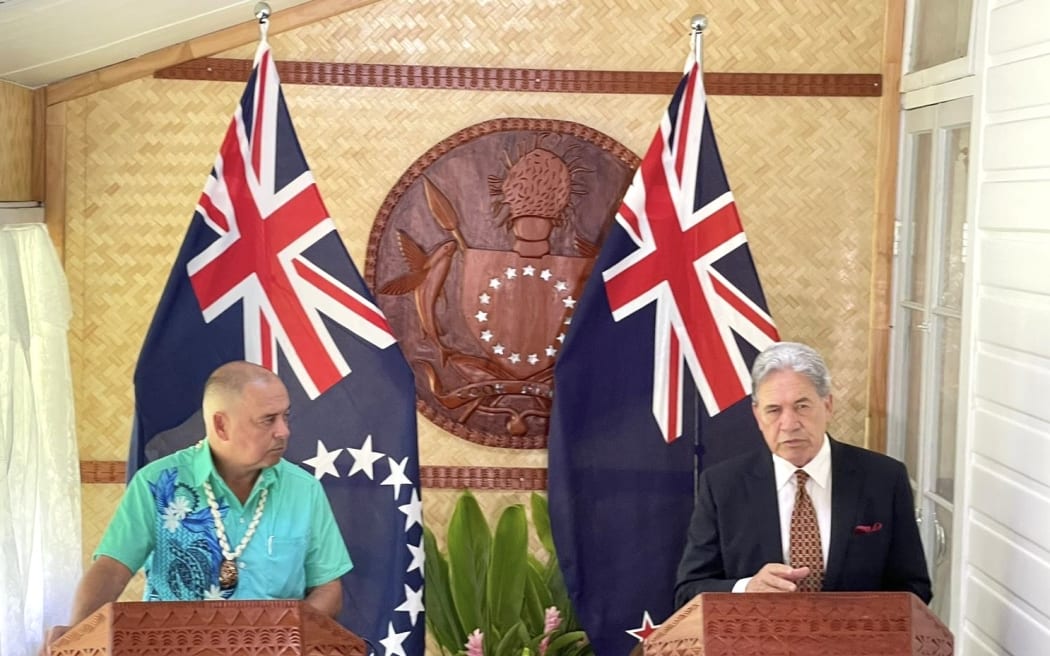 Mark Brown, left, and Winston Peters in Rarotonga. 8 February 2024