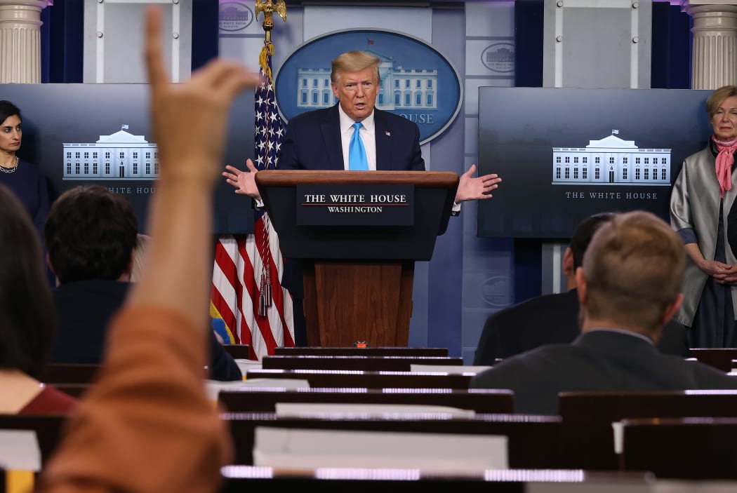 WASHINGTON, DC - APRIL 07: U.S. President Donald Trump speaks to reporters following a meeting of the coronavirus task force in the Brady Press Briefing Room at the White House on April 7, 2020 in Washington, DC.
