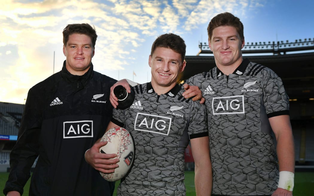 Brothers Scott Barrett, left, Beauden Barrett and Jordie Barrett. They three are all will make All Black history when they start in the Test on Saturday.