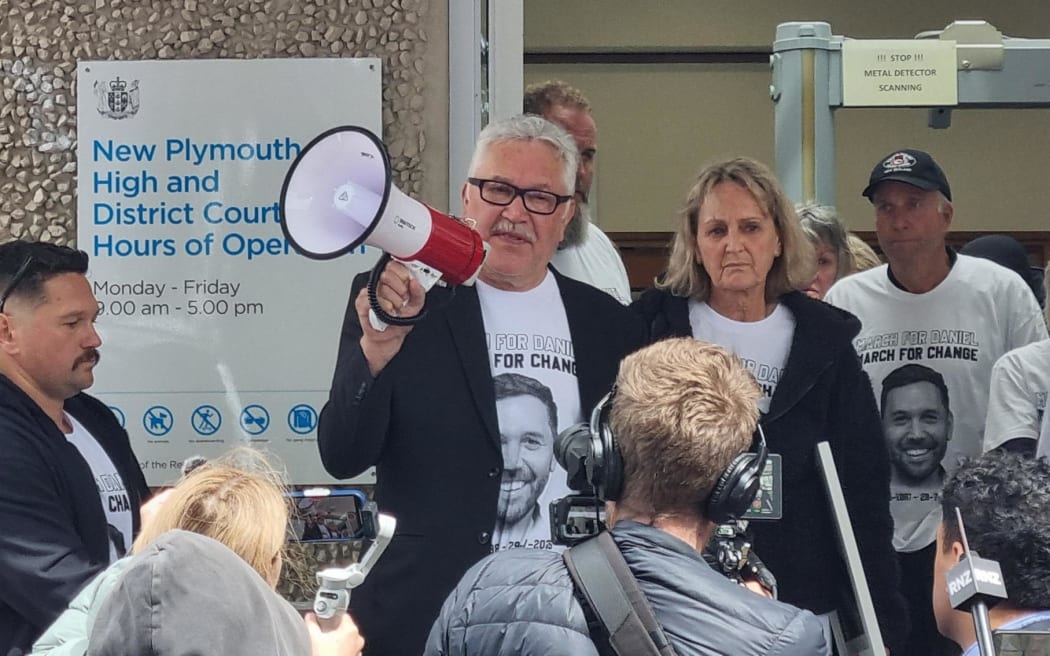 Daniel Nganeko's father Te Uraura Nganeko addressing supporters after the sentencing