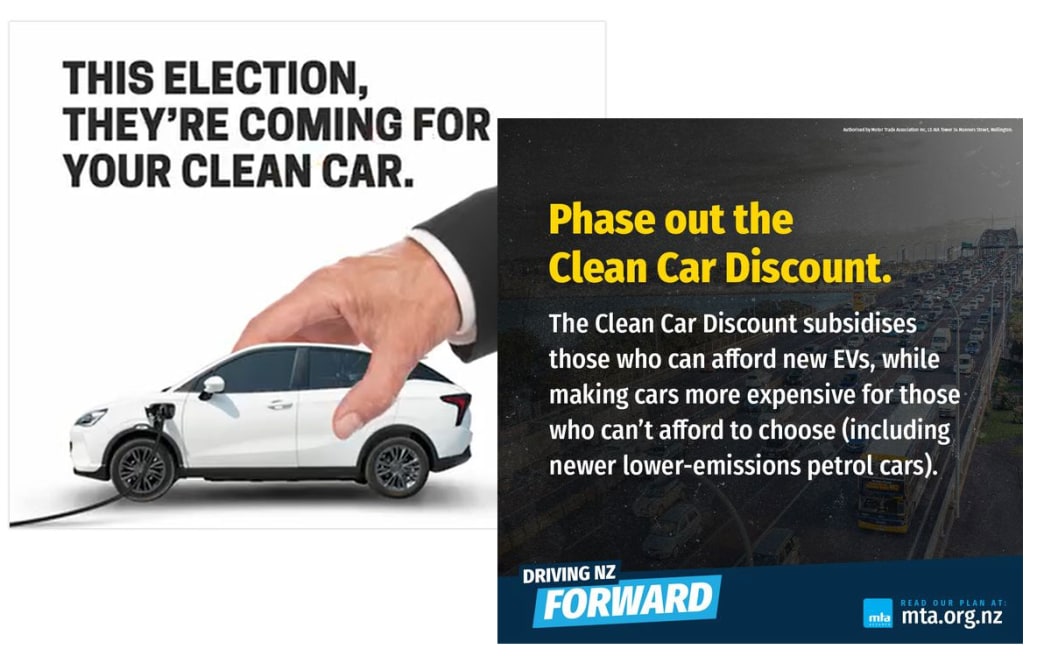 Facebook advertising for Better NZ Trust and Motor Trade Association stance on the Clean Car Discount.