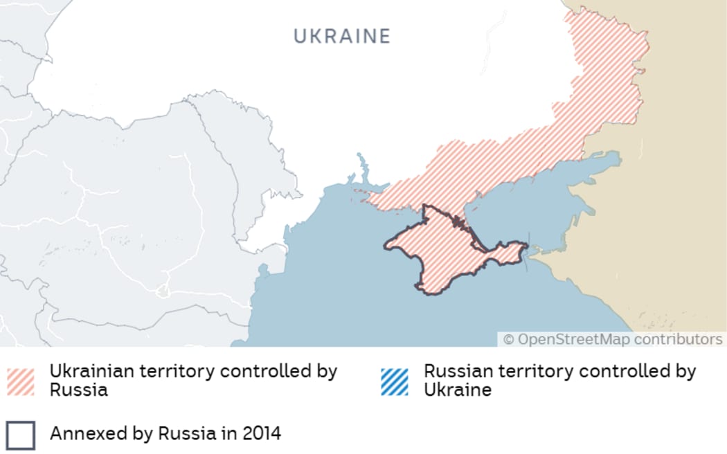 Map showing Ukrainian territory controlled by Russia and Russian territory controlled by Ukraine.