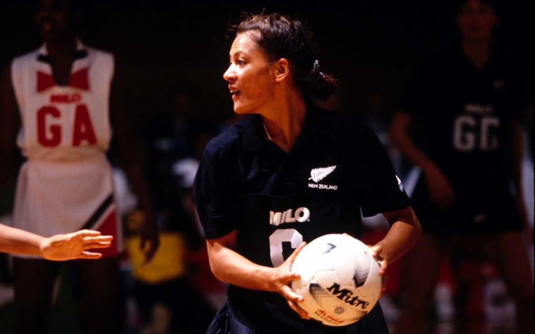 Joan Hodgson in action during the netball match between the Silver Ferns and Trinidad and Tobago, 1992.