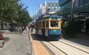 Generic pic of a tram in Christchurch heading along Cashel Street.