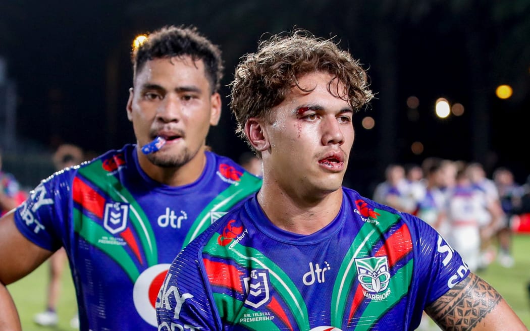 A dejected looking Chanel Harris-Tavita after the Warriors are beaten by the Knights. Vodafone Warriors v Newcastle Knights. NRL Rugby League, Central Coast Stadium, Gosford, NSW, Australia, Friday 19th March 2021 Copyright Photo: David Neilson / www.photosport.nz
