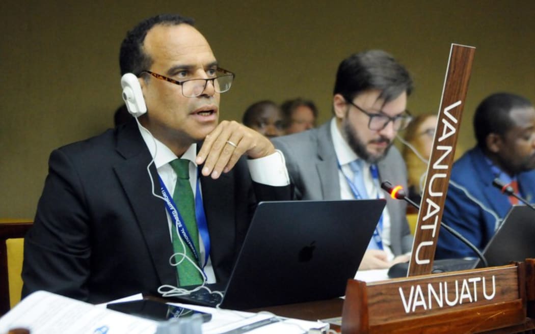 Vanuatu’s Minister of Climate Change Ralph Regenvanu speaks at the annual meeting of the International Seabed Authority assembly in Kingston, Jamaica, pictured on July 29, 2024.
