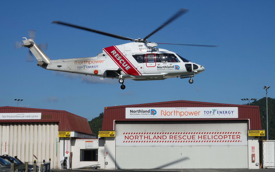 A Northland Rescue Helicopter lifts off from its base in Kensington, Whangarei.