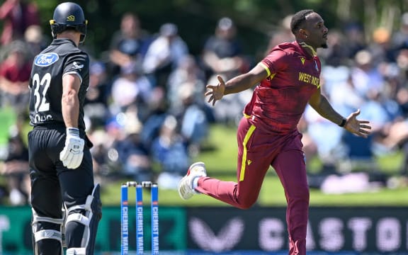 Matthew Forde of the West Indies celebrates the wicket of Will Young of the Bllack Caps during the 1st ODI cricket match, New Zealand Vs West Indies, at Hagley Oval in Christchurch.
