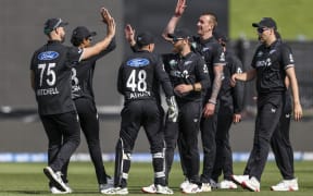 New Zealand's players celebrate a wicket during the second one-day international (ODI) cricket match between New Zealand and England at Seddon Park in Hamilton on October 29, 2025. (Photo by DJ MILLS / AFP)