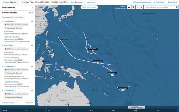 Chinese satellite tracking ship positions as at 06 July 2026, with Pacific and Chinese nav area warnings, and great circle lines showing the possible flight paths of the missile.