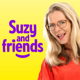 A cheerful woman (Suzy Cato) smiles at the viewer wearing glasses and an orange top. Text reads “Suzy and friends” and has a smile shape underneath.