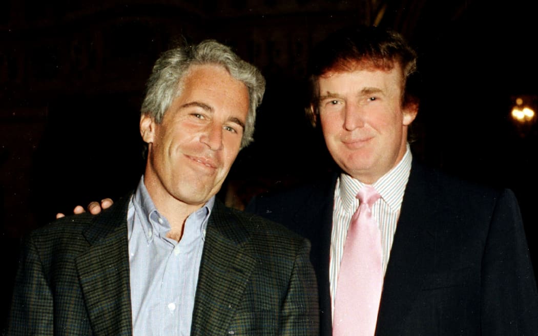 Portrait of American financier Jeffrey Epstein (left) and real estate developer Donald Trump as they pose together at the Mar-a-Lago estate, Palm Beach, Florida on February 22, 1997.