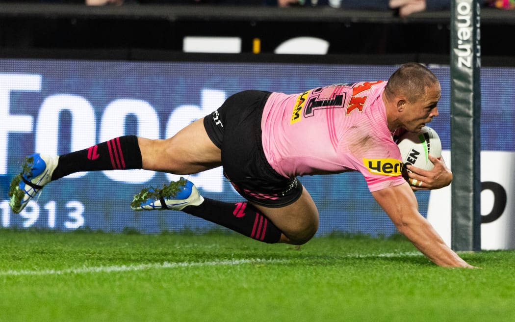 Penrith Panthers Scott Sorenson dives over for his first half try during the Telstra NRL Telstra Premiership - NZ Warriors v Penrith Panthers.