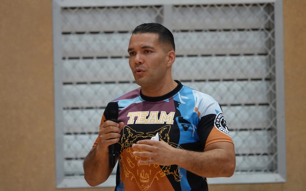 An emotional Dhcamad Armstrong (Ngāpuhi) speaks during the welcome.