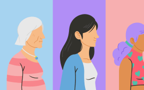 A triptych illustration of three women of different ages, in pastel tones.