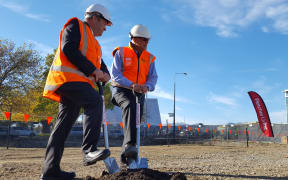 Fletcher Building CEO Steve Evans (left) and Otakaro ltd CEO Albert Brantley (right) breaking the ground on the construction site.