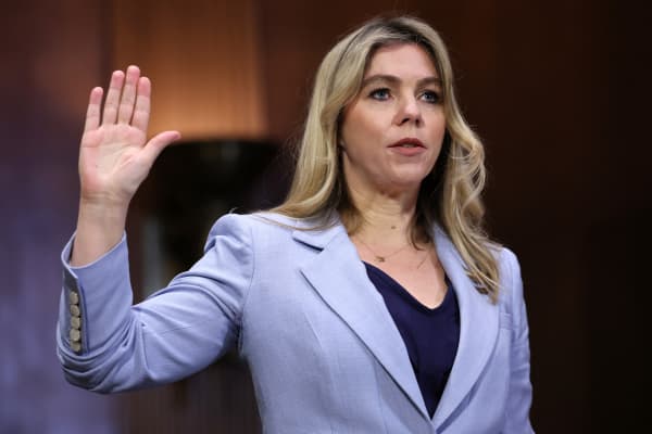 WASHINGTON, DC - APRIL 09: Sarah Wynn-Williams, former Director of Global Public Policy at Facebook, is sworn in before testifying during a Senate Judiciary Committee hearing in the Dirksen Senate Office Building on Capitol Hill on April 09, 2025 in Washington, DC. In a memoir published last month, Wynn-Williams detailed allegations of misconduct and sexual harassment at Facebook and claimed the company undermined U.S. national security in dealings with the Chinese government.   Win McNamee/Getty Images/AFP (Photo by WIN MCNAMEE / GETTY IMAGES NORTH AMERICA / Getty Images via AFP)