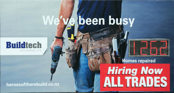 170414. Photo Diego Opatowski / RNZ. Christchurch. Buildtech sign