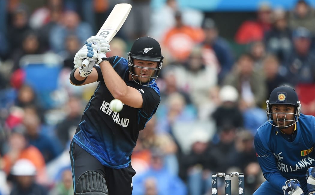 Corey Anderson batting during the ICC Cricket World Cup match between New Zealand and Sri Lanka at Hagley Oval in Christchurch, New Zealand. Saturday 14 February 2015.