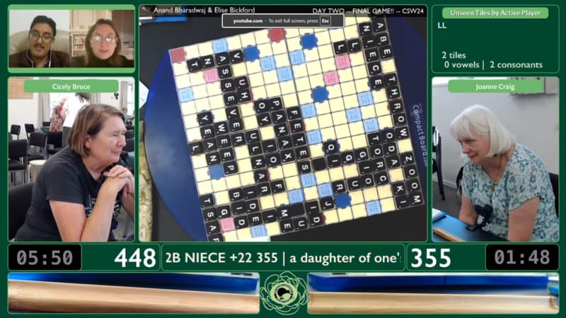 Cecily Bruce (left) and Joanne Craig battle it out at the 2026 Scrabble NZ Women’s Championship.