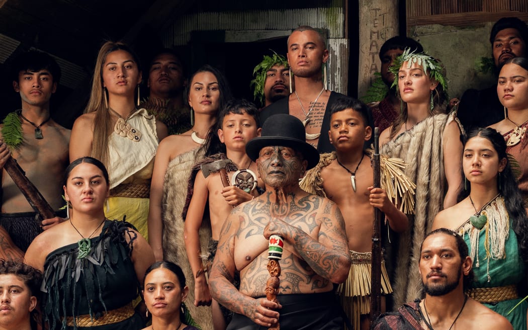 Stan Walker, Tame Iti and others in a scene from Walker's new music video 'Māori Ki Te Ao' (Māori to the world)
