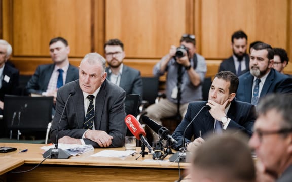 Speaker Trevor Mallard sits beside Parliamentary Services chief executive Rafael Gonzalez-Montero at a select committee hearing on 16 December, 2020.