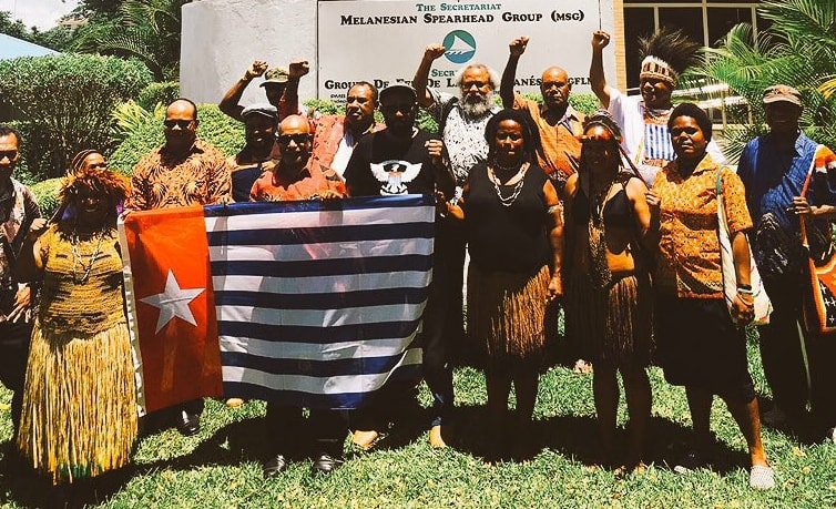 United Liberation Movement for West Papua representatives outside the Melanesian Spearhead Group secretariat, 20 December 2016.