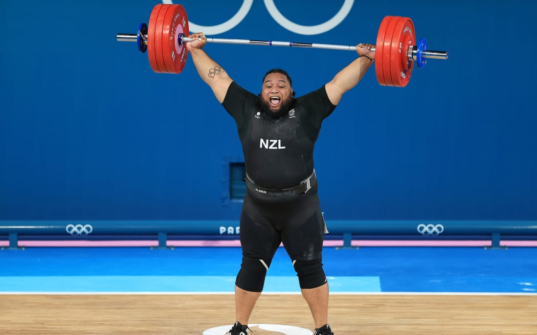 David Liti (NZL) competes in the Snatch discipline in the +102kg category of the Men's Weightlifting at South Paris Arena 6 during the 2024 Paris Olympics - Paris, France on Saturday 10 August 2024. (Photo: Simon Stacpoole / www.photosport.nz)