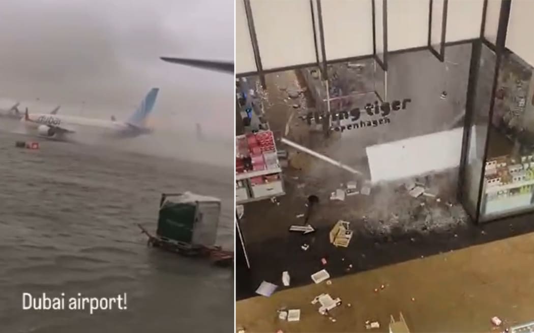Airport runways turned into marinas and waterfalls formed in malls as Dubai was hit with deadly rainfall.